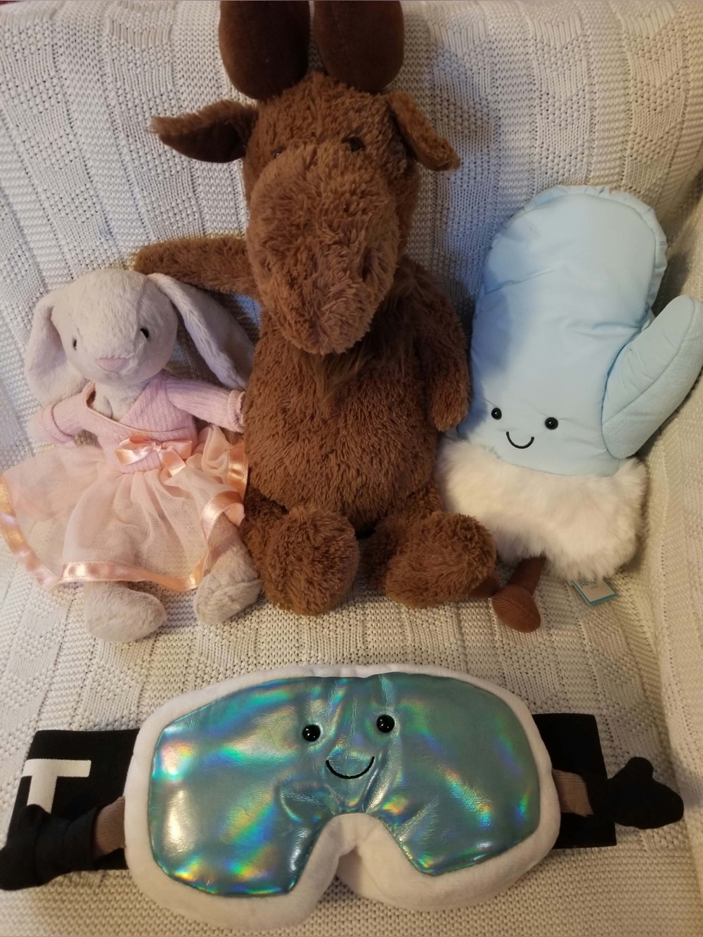 Jellycat bundle ski goggles, mitten, moose, and ballerina bunny